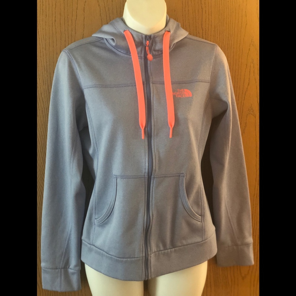 - The North Face zip up jacket with a hood, heather blue x small